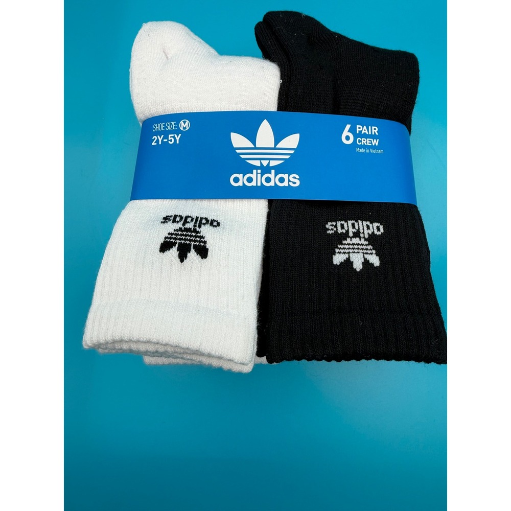 Adidas Crew Socks Youth Size M 2Y-5Y White Black New 6 Pair Trefoil CH8396